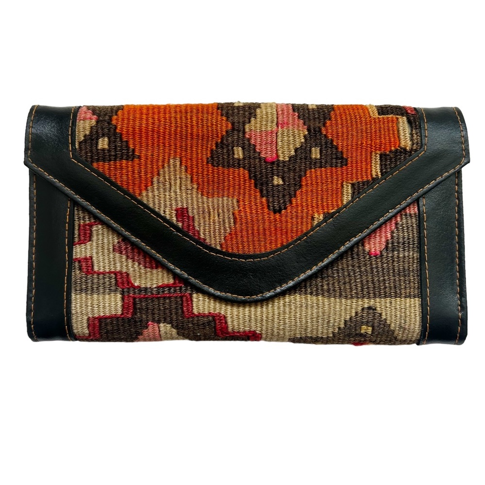 Turkish Semi-Antique Wool Kilim Leather Trim Envelope Wallet